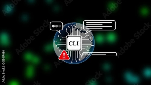 CLI Command Line Interface Concept Animation with Digital Earth Globe and CPU Processor Icon for Software Development and Coding Projects.