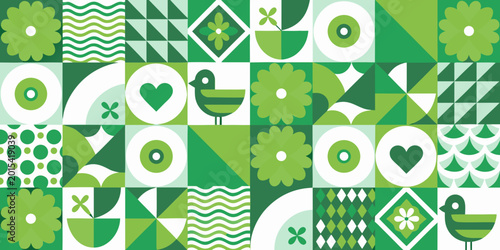 green geometric pattern with floral and bird motifs