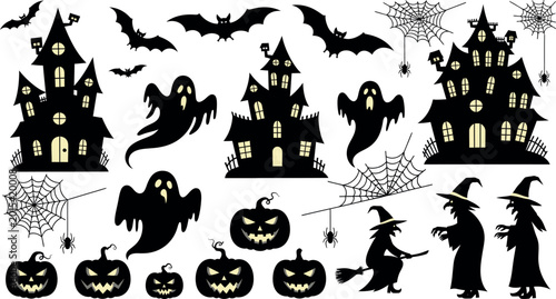 Halloween icons set with black silhouettes of haunted houses, ghosts, bats, pumpkins, witches, spider webs