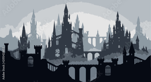 Gothic castle city skyline silhouette with bridge