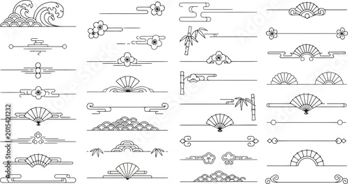 Set of traditional japanese and chinese decorative line dividers, floral and geometric ornaments, vector illustration isolated on white background