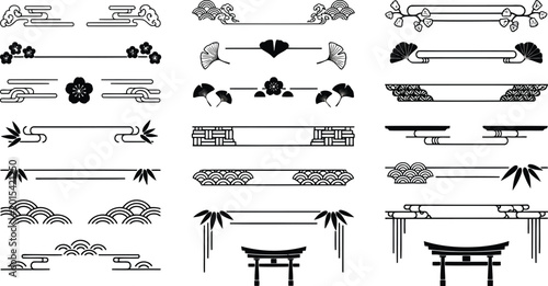 Set of traditional japanese decorative dividers and borders with floral and geometric patterns isolated on white background