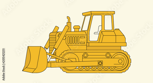 Detailed line art of a yellow bulldozer construction vehicle with a large front blade and track wheels for heavy machinery and industrial design.
