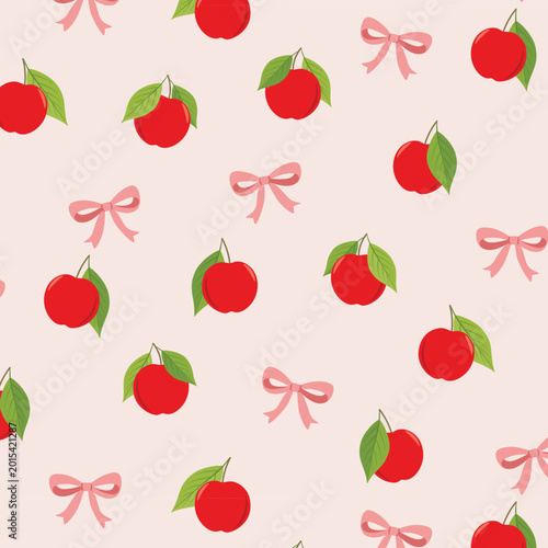 Cute Apple and Bow Seamless Pattern with Soft Pink Coquette Ribbon and Playful Fruit Design