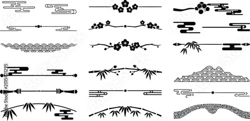 Set of japanese traditional decorative dividers and borders with floral and cloud motifs