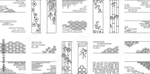 Set of traditional japanese and chinese decorative borders and frames with floral, bamboo, and cloud patterns
