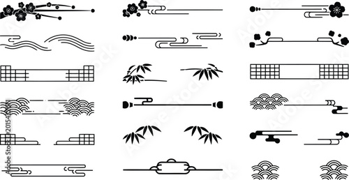 Set of traditional japanese and chinese style decorative dividers and borders with floral, bamboo, and wave patterns