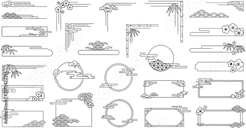 Set of traditional japanese and chinese style decorative frames, borders and elements isolated on white background
