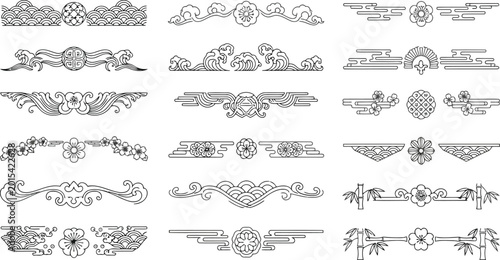 Set of traditional asian decorative dividers and borders with floral and geometric patterns isolated on white background