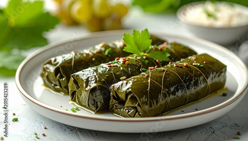 Traditional Grape Leaf Dolmades in Photorealistic Close Up