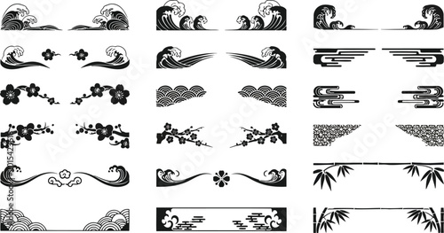Set of traditional japanese style decorative borders and dividers with waves, cherry blossoms, and bamboo motifs