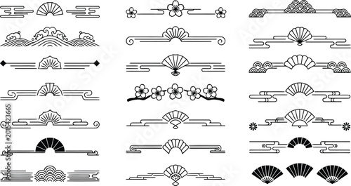 Set of japanese traditional style decorative dividers, borders and fan elements, vector illustration isolated on white background