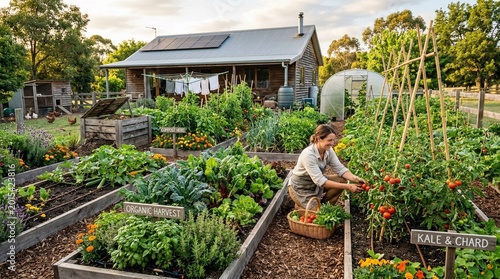 Woman harvesting fresh organic vegetables in lush sustainable backyard garden near small wooden cabin with solar panels.