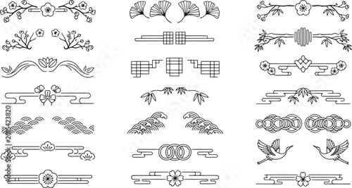 Set of traditional asian style decorative dividers and borders with floral, bamboo, crane, and geometric patterns isolated on white background