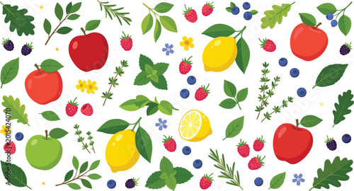 Fresh Fruit and Herb Vector Pattern With Apples, Lemons, Berries, Leaves, and Botanical Summer Elements Design