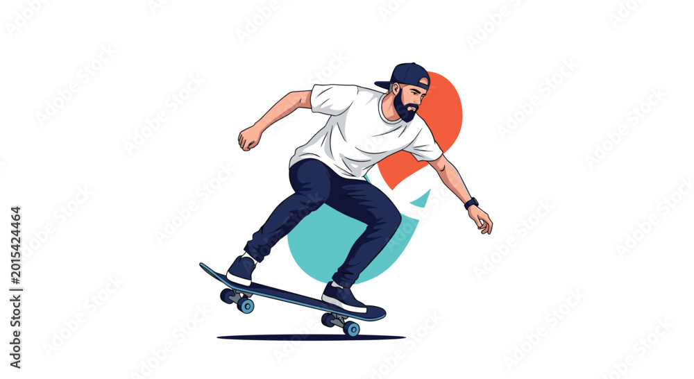 Fototapeta premium Stylish bearded man in a white tee and dark pants performing a trick on a skateboard against an abstract background with colorful circles.