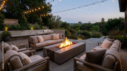 Modern outdoor patio space features a rectangular concrete fire pit surrounded by comfortable lounge furniture under glowing string light bulbs