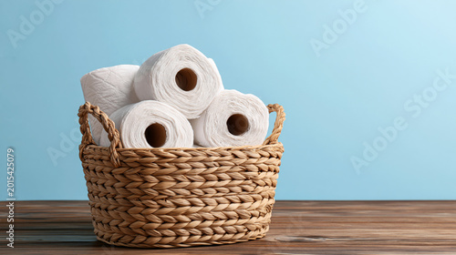 Toilet paper rolls in wicker basket ob blue background