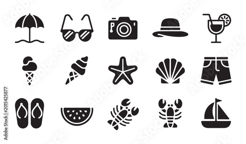 Foto Summer and beach flat design filled icon set, holiday and vacation vector illustration