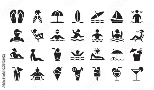Tableau sur toile Summer vacation icons set with beach activities people swimming sunbathing and cold drinks