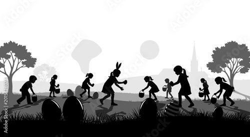 Cuadro en lienzo Easter bunny and children on Easter egg hunt.