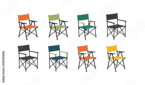 Foto Set of eight colorful folding camping chairs with wooden armrests for outdoor leisure and recreation