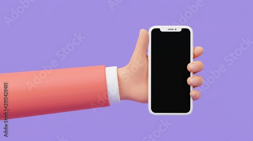 3d cartoon hand holding a smartphone with a blank black screen on a purple background