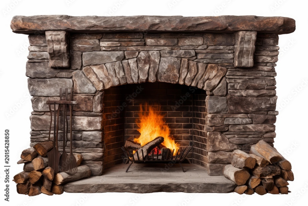 Obraz premium Stone fireplace and hearth with firewood, tool set, and natural stone texture