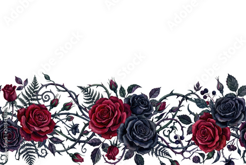 Beautiful watercolor floral border with red and black roses on a dark background,isolated on transparent background