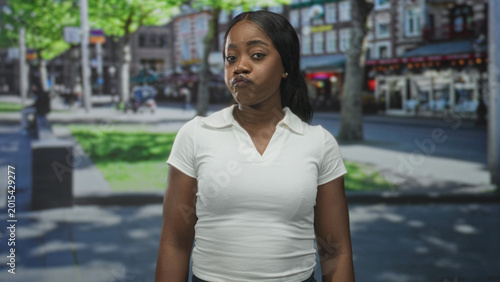 Canvas Print Woman pressing cheeks with fingers while pouting and pointing to face in street city sidewalk; playful