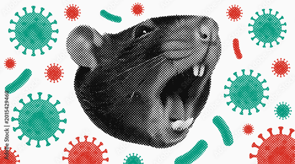 Fototapeta premium rat with virus and bacteria, infectious disease spread, quarantine design, pandemic risk illustration