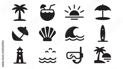 Bild auf Leinwand Set of black beach and summer vacation icons illustrating tropical travel and maritime themes