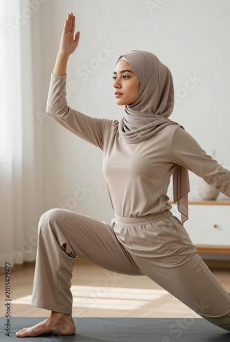 Young Muslim woman in modest athleisure wear doing yoga at home