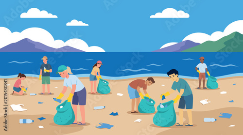 Tableau sur toile Group of Volunteers Cleaning Trash on Beach with Garbage Bags in Environmental C