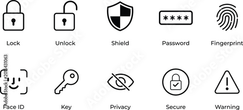 Foto Security and privacy icons: lock, unlock, shield, password, fingerprint, and key