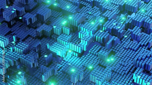 Abstract 3D blue and cyan block grid resembling a digital city map with varying heights and glowing green dots viewed from above. Ideal for big data, smart city, AI, and technology concepts.