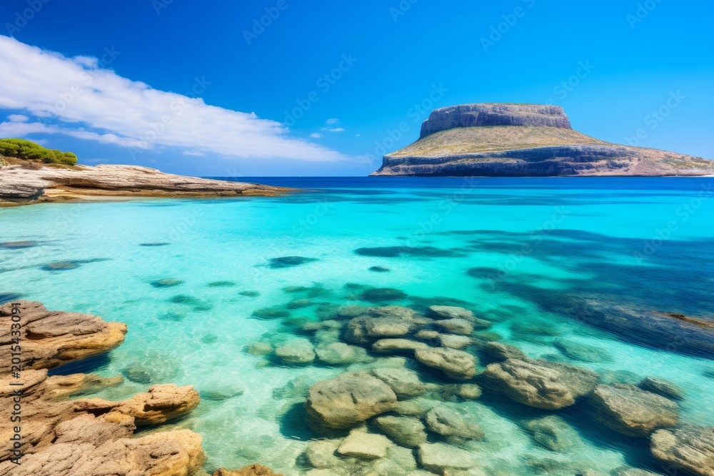 Obraz premium Balos lagoon crystal clear turquoise water washing over underwater rocks with gramvousa island in background