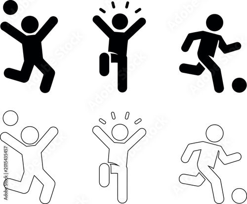 Stick figure icons of people playing soccer and celebrating  various poses