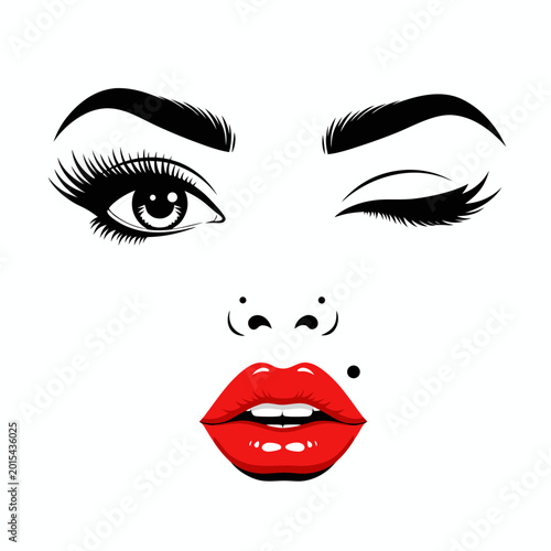 Canvas Print Vector illustration of a woman's face with red lips, winking eye, and beauty mar