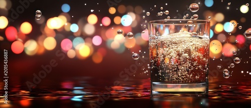Sparkling beverage in glass with bubbles and bokeh light background festive