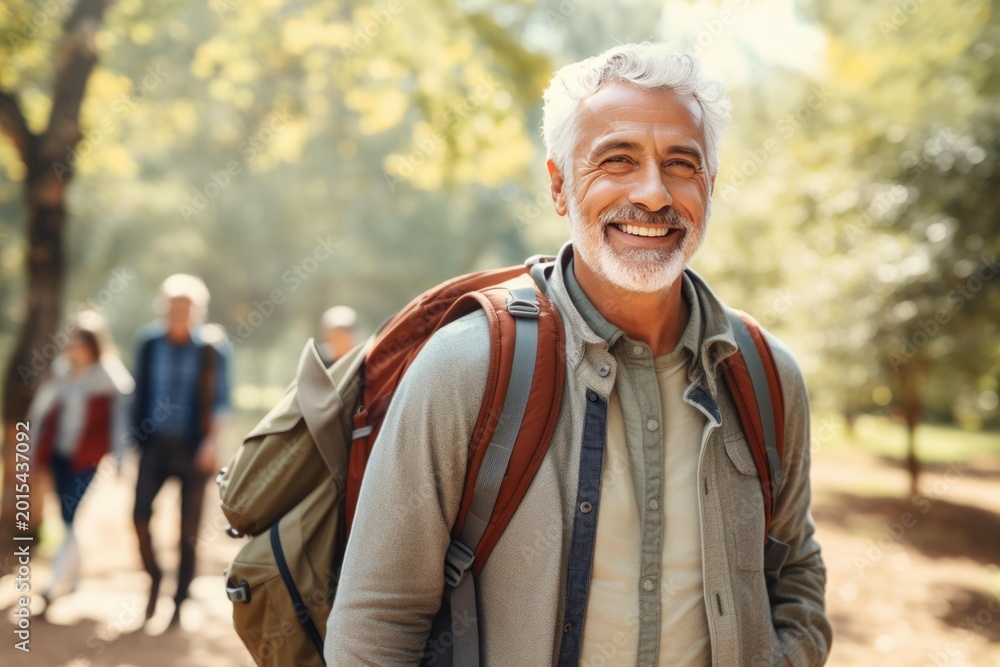Obraz premium Senior man smiling, enjoying an active lifestyle outdoors with a backpack