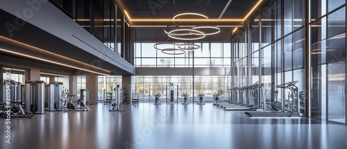 Modern fitness center interior with exercise equipment and natural sunlight streaming in