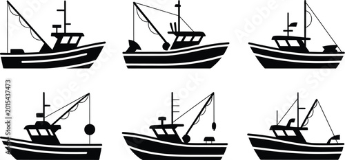 Foto Dark sea fishing boat ship trawler vector icon art set