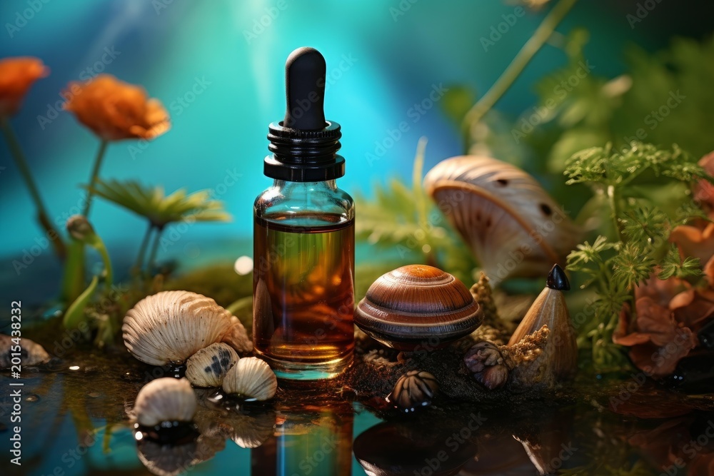Fototapeta premium Essential oil bottle standing on moss with mushrooms and botanicals reflecting in water
