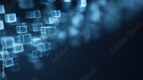 Abstract digital background with blue glowing cubes floating in dark space, forming futuristic grid, technology and data visualization concept, clean modern style