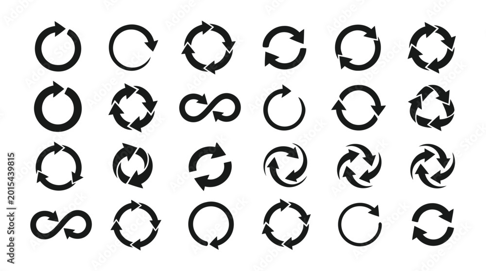 Obraz premium Collection of various black circular arrow icons on white background