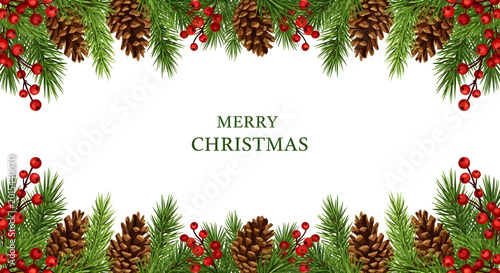 Festive christmas border with pine branches cones and berries holiday design