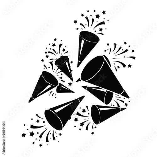 Black party horns and stars on white background celebration