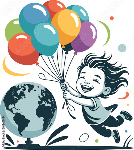 Boy flying with balloons near the earth colorful vector illustration