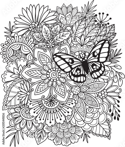 Abstract mandala flowers with butterfly for background and adult coloring book page size 11x8.5 inches. Vector illustration	